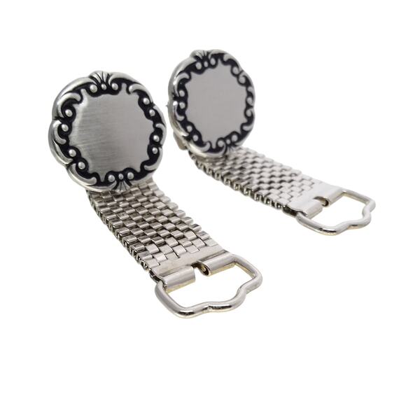 Silver & Gold Tone Cufflinks Engraved Mesh Wrap Sarah Coventry England Black - Picture 3 of 8